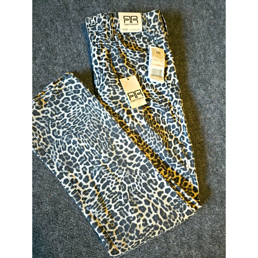 NWT Robert Rodriguez Silver Cloud Leopard High Rise Slim Straight Jeans 10/30